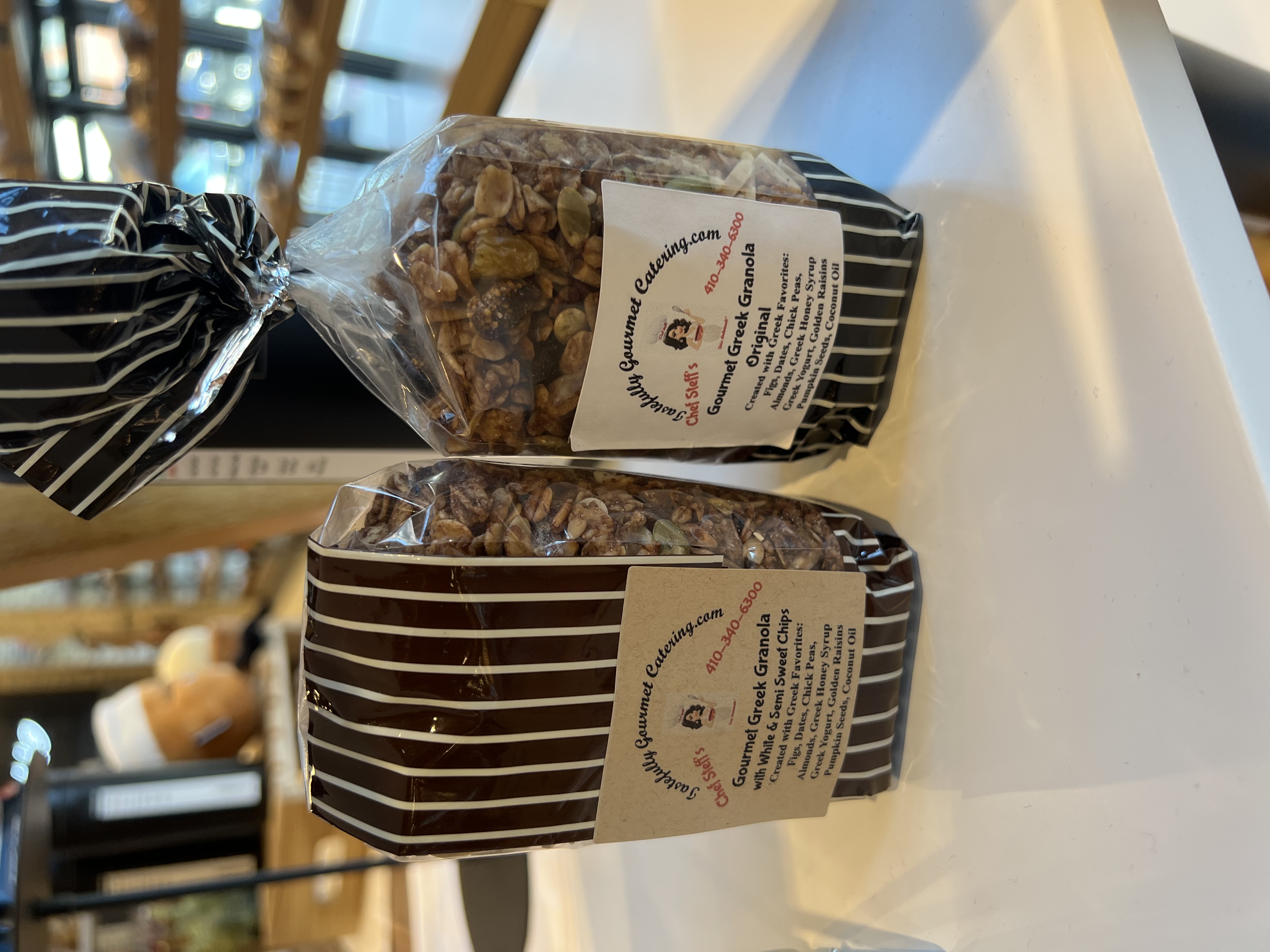 Gourmet Greek Granola Original and Gourmet Greek Granola with Mini White annd Milk chocolate Chips